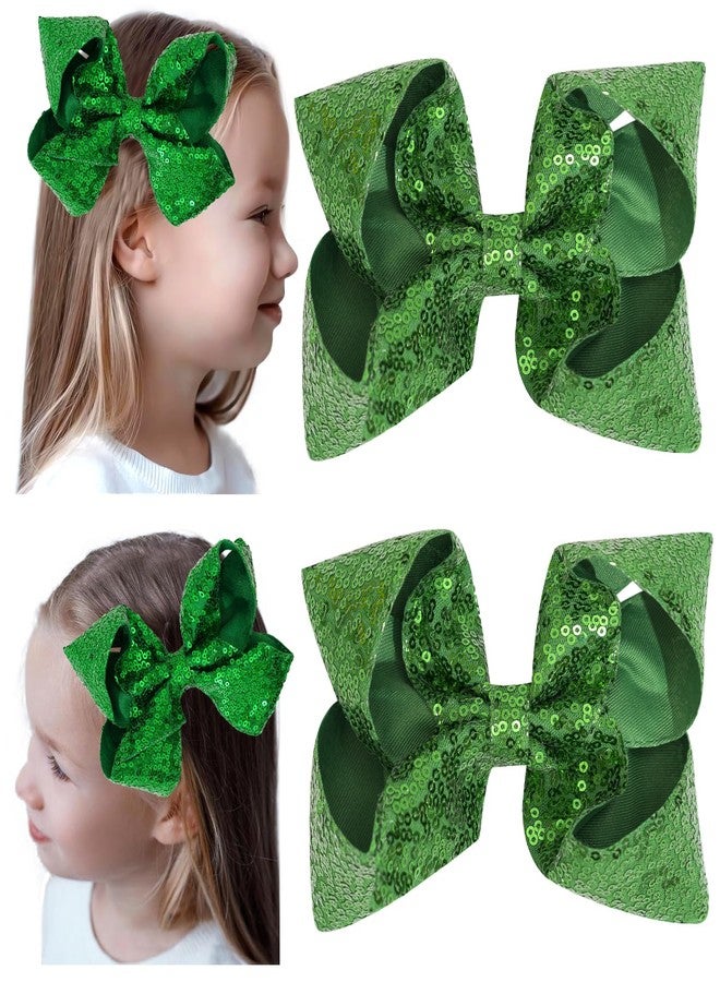 Jeffan 2 PCS 6 Inches Sequins Large Bows Alligator Hair Clip Hair Barrettes Accessories for Women Teens Girls Kids (Green) - Image 1